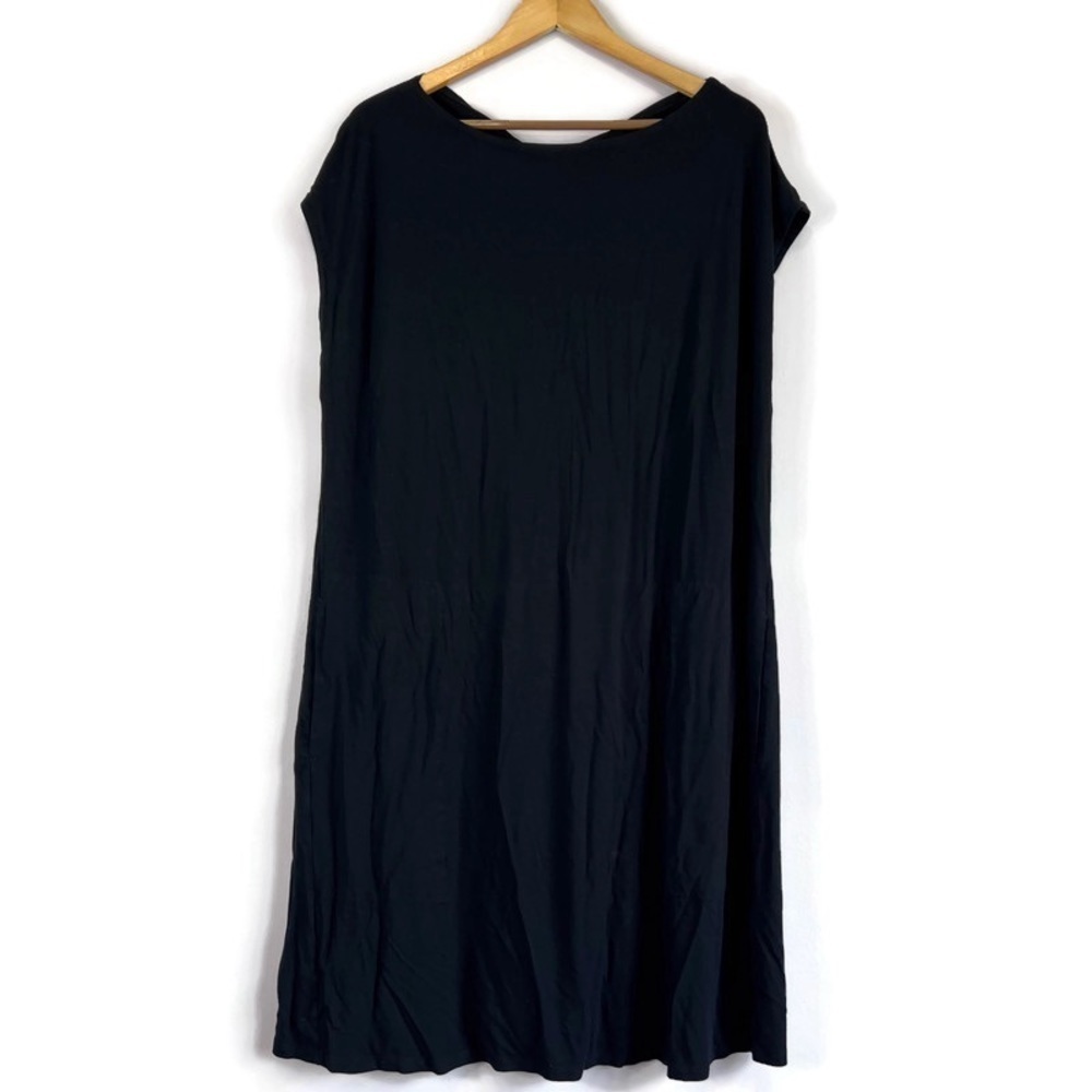 EILEEN FISHER Black Bateau Neck Cap Sleeve Twist Back Dress Jersey Dress XL
